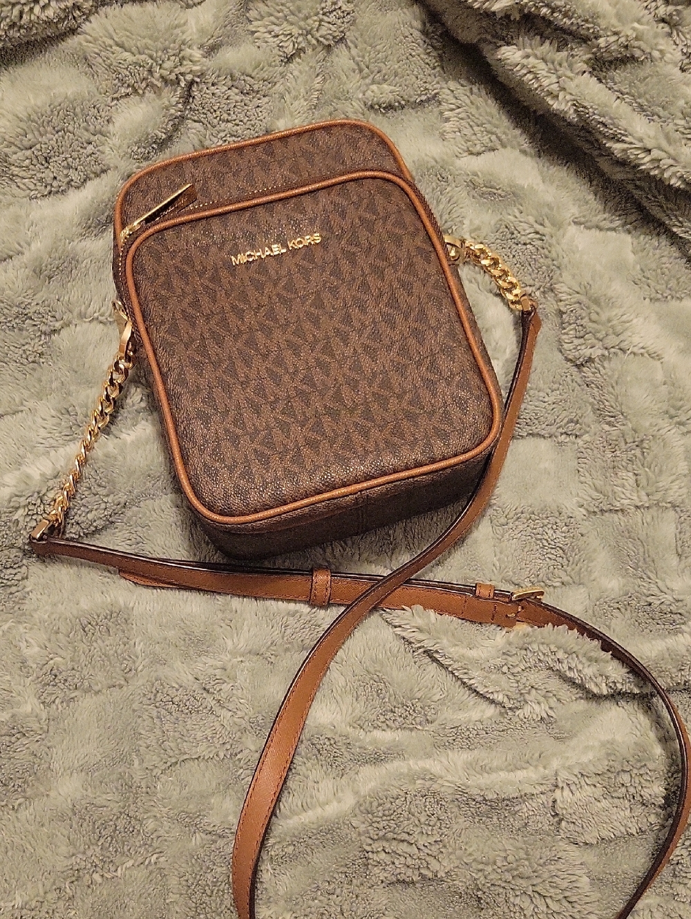 MICHAEL KORS Brown Logo Crossbody with Gold Hardware